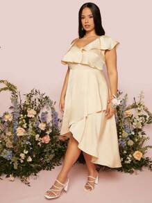 SHEIN Belle Trang phục phù dâu cho phụ nữ Plus Bất đối xứng Xù Trọn gói màu trơn - Rượu sâm banh - Xem 2