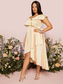 SHEIN Belle Trang phục phù dâu cho phụ nữ Plus Bất đối xứng Xù Trọn gói màu trơn - Rượu sâm banh - Xem 8