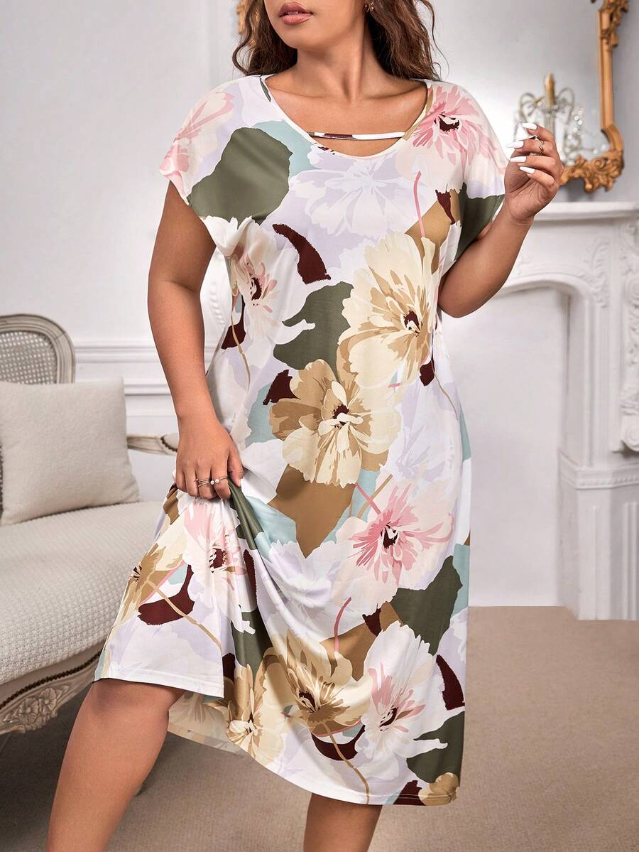 Đầm mặc nhà Kích Thước Lớn Cắt ra Hoa Tất cả trên in Giải trí - Nhiều màu - Xem 1