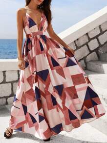SHEIN VCAY 幾何印花交叉露背吊帶連衣裙 - 彩色 - 查看 2