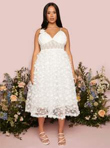 SHEIN Belle 大碼貼花網紗邊婚紗連衣裙 - 白色 - 查看 1