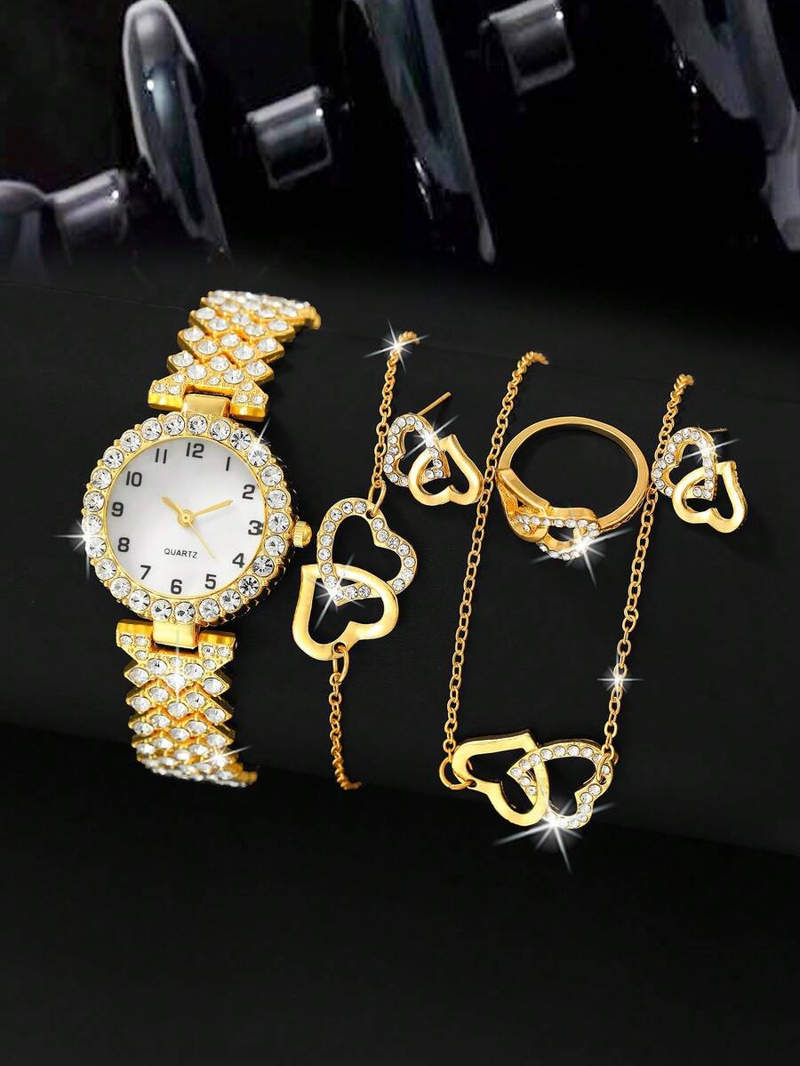 1 Nữ Vàng Dây Đeo Hợp Kim Kẽm Quyến Rũ Đá Trang Trí Mặt Tròn Đồng Hồ Thạch Anh & 5 Bộ Trang Sức, cho Cuộc Sống Hàng Ngày - Vàng - Xem 1
