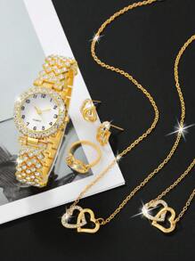1 Nữ Vàng Dây Đeo Hợp Kim Kẽm Quyến Rũ Đá Trang Trí Mặt Tròn Đồng Hồ Thạch Anh & 5 Bộ Trang Sức, cho Cuộc Sống Hàng Ngày - Vàng - Xem 2