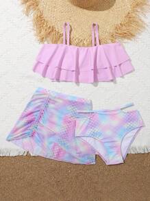 Tween Girl Fish Scales Print Ruffle Hem Bikini Set With Beach Skirt Summer Beach - Multicolor - View 1