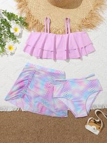 Tween Girl Fish Scales Print Ruffle Hem Bikini Set With Beach Skirt Summer Beach - Multicolor - View 5