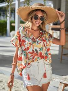 SHEIN VCAY Floral Print Tassel Tie Neck Blouse - Multicolor - View 1