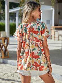 SHEIN VCAY Floral Print Tassel Tie Neck Blouse - Multicolor - View 2