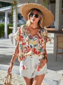 SHEIN VCAY Floral Print Tassel Tie Neck Blouse - Multicolor - View 5