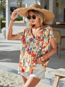 SHEIN VCAY Floral Print Tassel Tie Neck Blouse - Multicolor - View 6