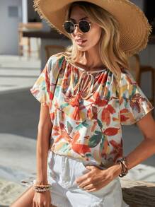 SHEIN VCAY Floral Print Tassel Tie Neck Blouse - Multicolor - View 7