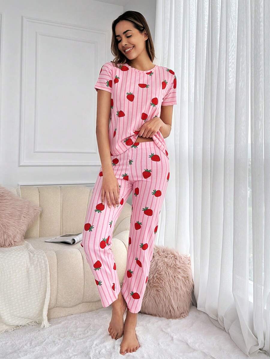 RueChic Striped & Strawberry Print PJ Set - Hồng - Xem 1
