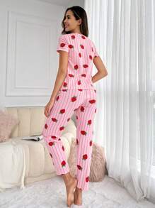 RueChic Striped & Strawberry Print PJ Set - Hồng - Xem 2