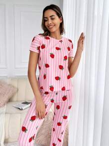 RueChic Striped & Strawberry Print PJ Set - Hồng - Xem 4