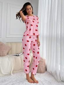 RueChic Striped & Strawberry Print PJ Set - Hồng - Xem 5