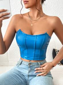 SHEIN Privé 素色PU皮革短款抹胸上衣