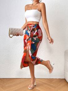 SHEIN Privé Falda con estampado de retazo con nudo de muslo con abertura