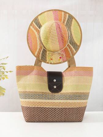 Colourblock Straw Bag Double Handle With Straw Hat For Beach