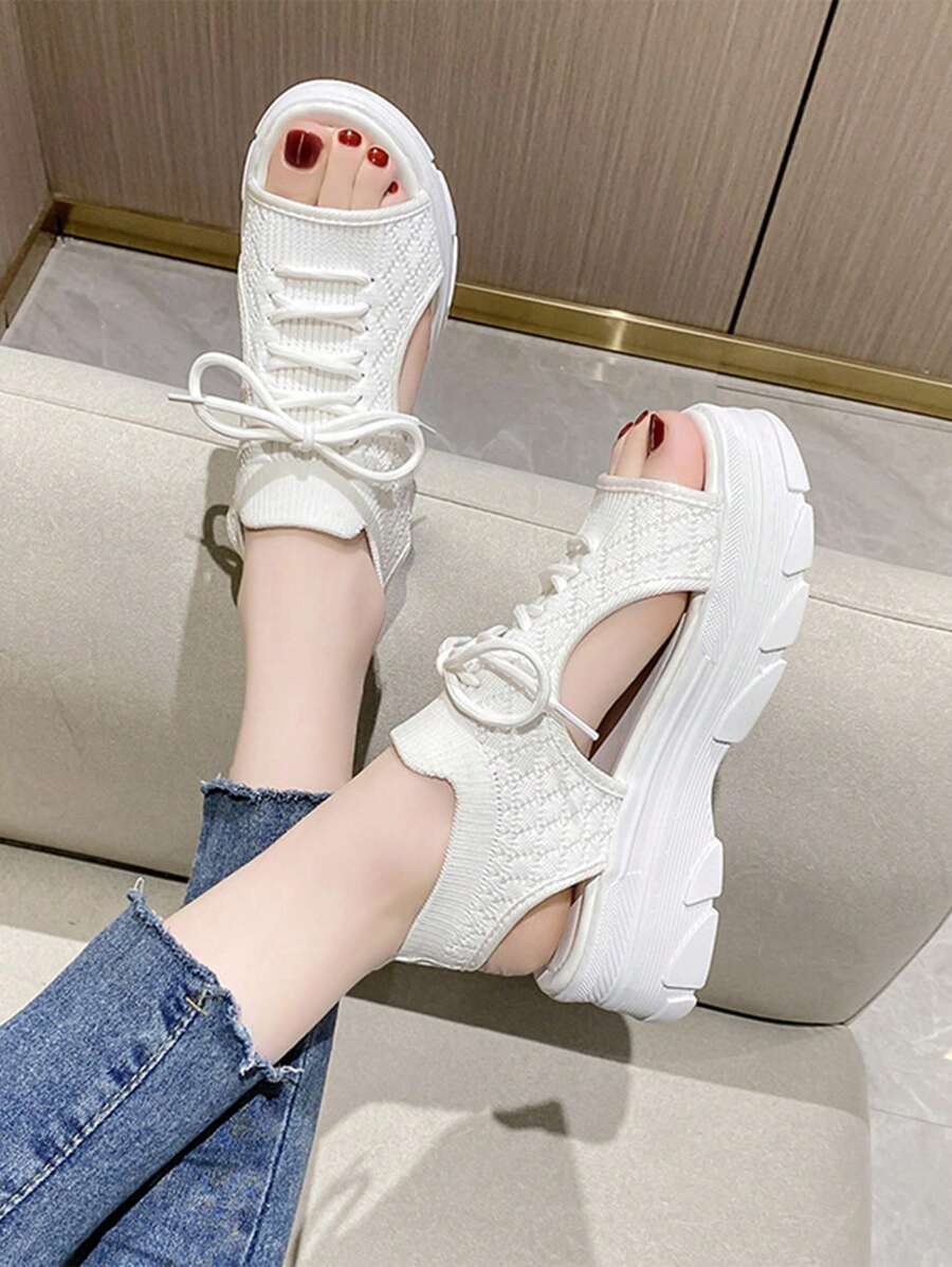 戶外運動涼鞋適用於女士針織細節剪裁設計前綁帶涼鞋 - 白色 - 查看 1