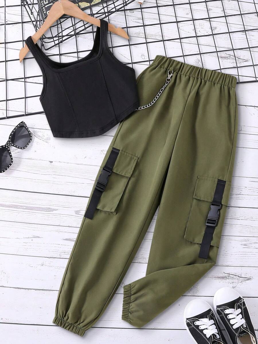 SHEIN 女孩素色背心上衣和翻蓋口袋帶扣細節長褲 - 彩色 - 查看 1