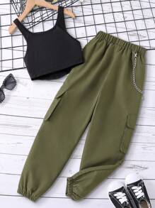 SHEIN 女孩素色背心上衣和翻蓋口袋帶扣細節長褲 - 彩色 - 查看 2