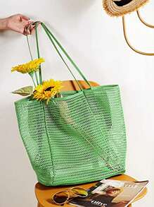 Túi Tote Lưới Đi Biển, Túi Tote Thông Thường Cho Nữ Túi Xách Đeo Vai Tối Đa 23L Có Thể Gập Lại Cho Kỳ Nghỉ Dã Ngoại Trên Bãi Biển - màu xanh lá - Xem 2