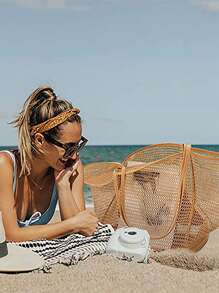 沙滩网眼手提包，休闲手提包女士可折叠最大 23L 单肩手提包适合海滩野餐度假 - 卡其色 - 查看 5