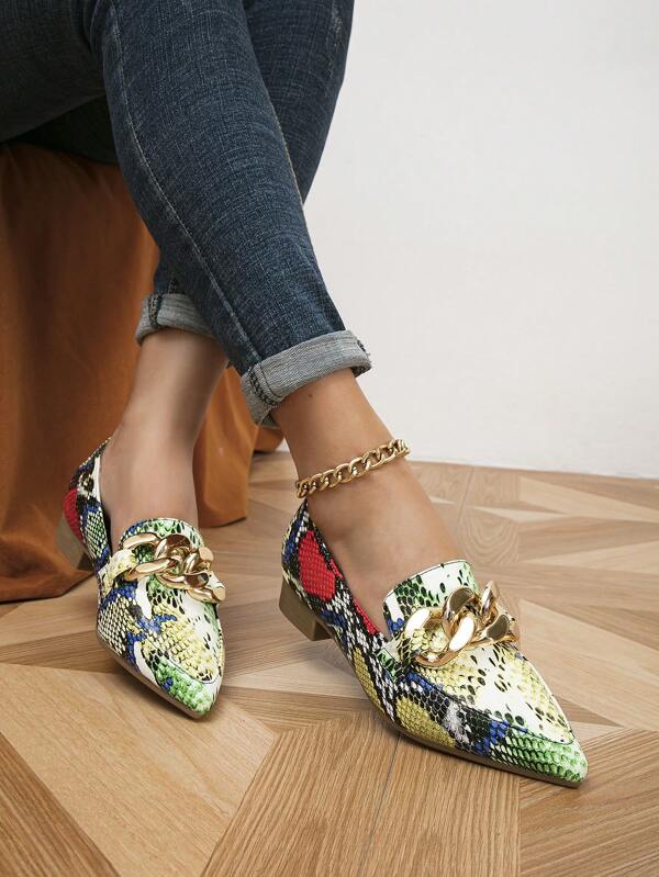 Funky Flat Loafers For Women, Colorblock Snakeskin Pattern Chain Decor