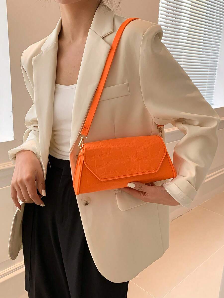 中等的法棍包鱷魚壓紋翻蓋適用於日常 - 橘色 - 查看 1