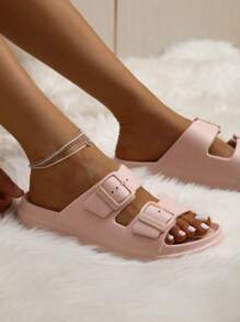 luofu Women Buckle Decor Slides, Fashionable Pink EVA Two Part Slides - Pink - View 5