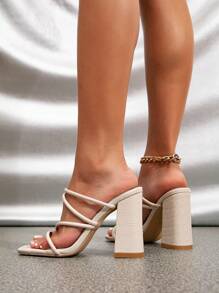 女士鱷魚印花露趾粗跟優雅戶外穆勒涼鞋 - 米色 - 查看 5