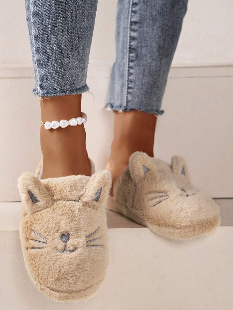 Fall/Winter Preppy Novelty Slippers For Women, Fluffy Cartoon Cat Design Embroidery Detail Slip-On Home Slippers,Funny Slippers