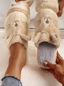 Fall/Winter Preppy Novelty Slippers For Women, Fluffy Cartoon Cat Design Embroidery Detail Slip-On Home Slippers,Funny Slippers