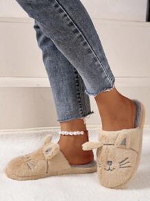 Fall/Winter Preppy Novelty Slippers For Women, Fluffy Cartoon Cat Design Embroidery Detail Slip-On Home Slippers,Funny Slippers