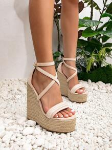 女性編織細節交叉坡跟度假戶外踝帶平底涼鞋