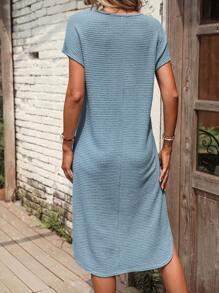 SHEIN LUNE Solid Batwing Sleeve Split Thigh Tee Dress - Dusty Blue - View 2