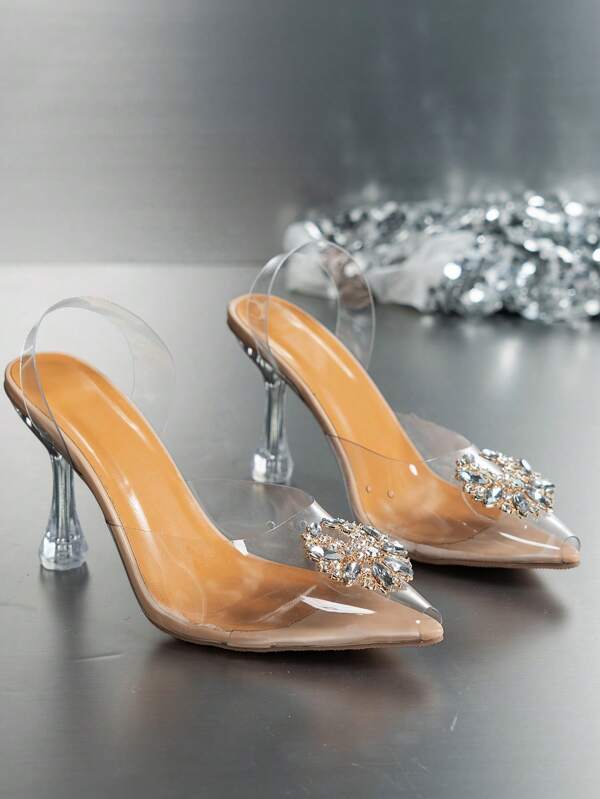 Women Rhinestone Decor Clear Strap Sculptural Heeled Pumps, Glamorous PVC Slingback Pumps For Party | SHEIN USA