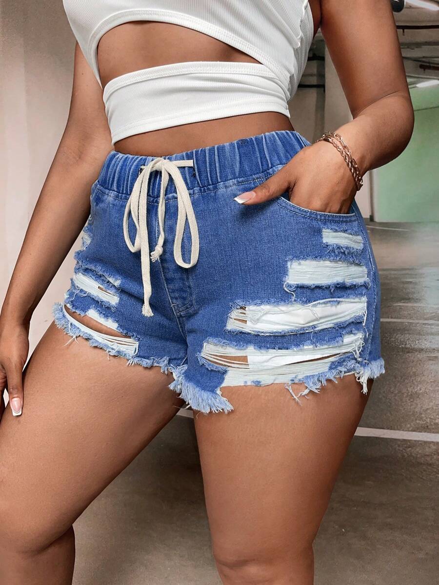 SHEIN SXY Plus Drawstring Waist Ripped Raw Cut Denim Shorts - Light Wash - View 1