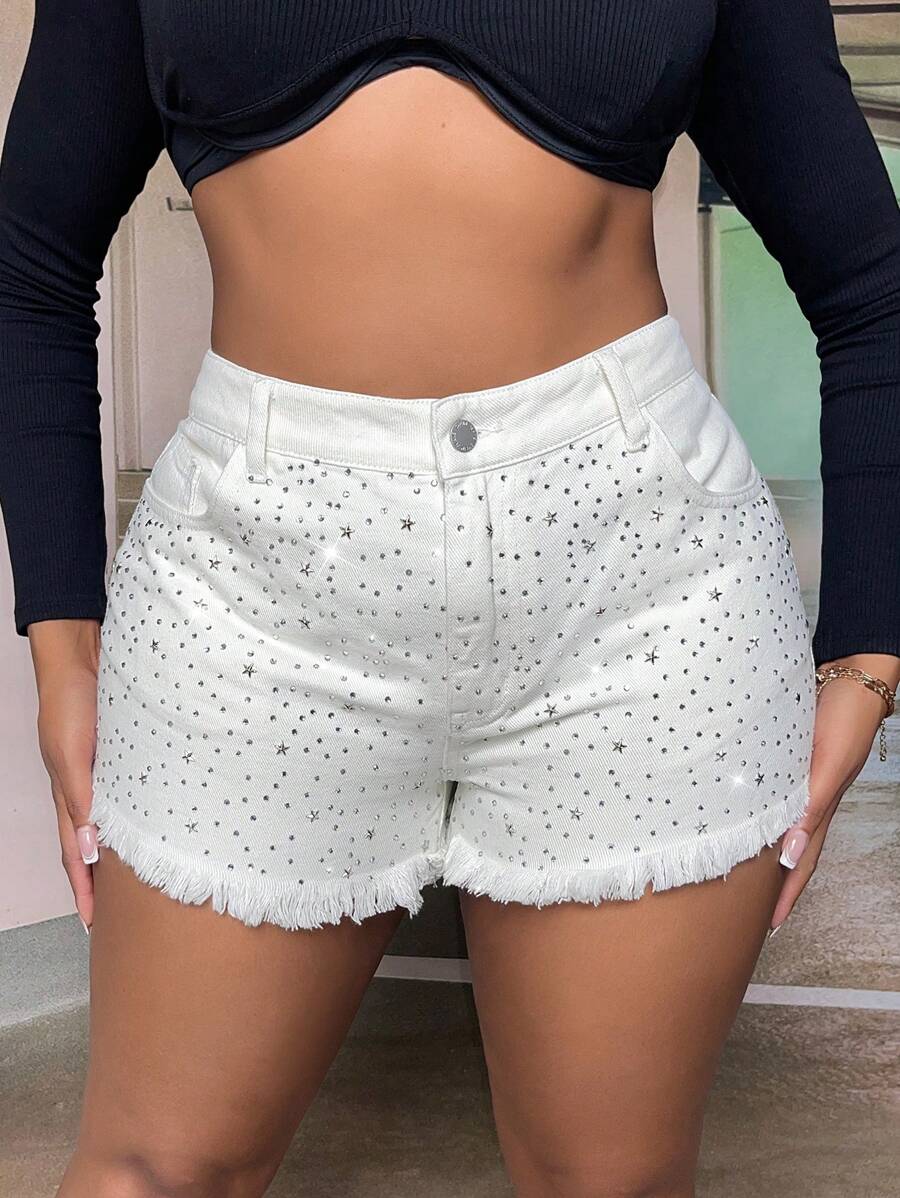 SHEIN SXY Quần short denim oversized Nút Túi Hem thô Dây kéo Pha lê kim cương màu trơn - trắng - Xem 1