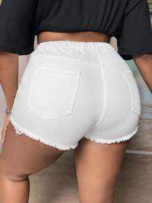 SHEIN SXY Quần short denim oversized Dây kéo Túi Hem thô Bị tách màu trơn - trắng - Xem 2