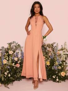 SHEIN Belle Váy phù dâu Nút Tương phản ren Dây kéo Tách cao màu trơn - Màu Cam san hô - Xem 6