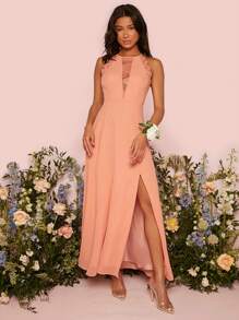SHEIN Belle Váy phù dâu Nút Tương phản ren Dây kéo Tách cao màu trơn - Màu Cam san hô - Xem 4