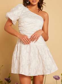 SHEIN Belle One Shoulder Puff Sleeve Cut Out Waist Ruffle Hem Jacquard Wedding Dress
