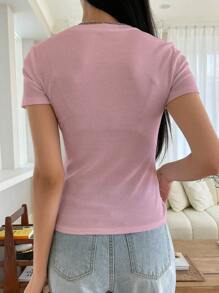 DAZY 字母刺绣罗纹针织T恤夏季学院风上衣 - 粉色 - 查看 2