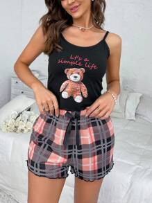 Bear & Slogan Graphic Lettuce Trim Cami Top & Plaid Print Shorts PJ Set / Pajama Set