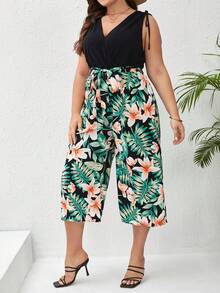 SHEIN Frenchy Plus Tropical Print Tie Shoulder Belted Jumpsuit - Multicolor - View 4