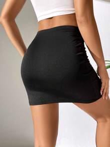 SHEIN PETITE Váy nữ Xù Chia màu trơn Gợi cảm - màu đen - Xem 2