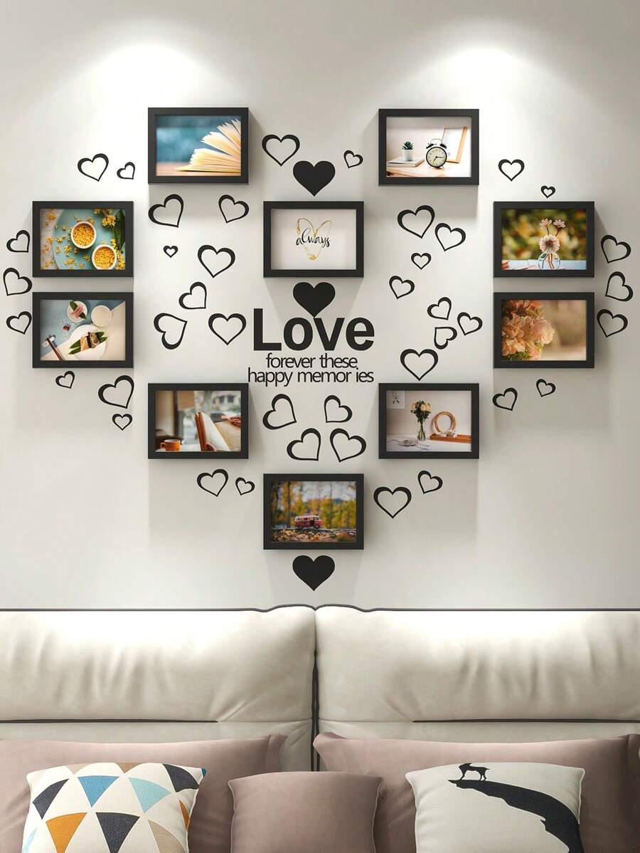 Creative Photo Wall Picture Frames Set Of 10 Heart-shaped Frames, Decor For Room Without Nails Hanging, Landscape/photo-display, Butterfly Stickers Included - Black - View 1