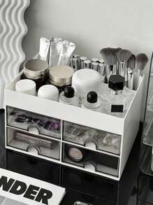 1pc With 4 Drawers Cosmetic Storage Box Skin Care Assistant Multi-Purpose Storage Basket White Cosmetic Organizer Bathroom Shelf Pencil Cup Pot Home Decoration Suitable For Cosmetics Stationery Lipstick Nail Polish Ruler Perfume Watch Hairpin Office Study Dormitory Accessories,For Holiday Beach, Bathroom Collection, Bedroom Collection, Large Capacity