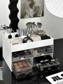 1pc With 4 Drawers Cosmetic Storage Box Skin Care Assistant Multi-Purpose Storage Basket White Cosmetic Organizer Bathroom Shelf Pencil Cup Pot Home Decoration Suitable For Cosmetics Stationery Lipstick Nail Polish Ruler Perfume Watch Hairpin Office Study Dormitory Accessories,For Holiday Beach, Bathroom Collection, Bedroom Collection, Large Capacity