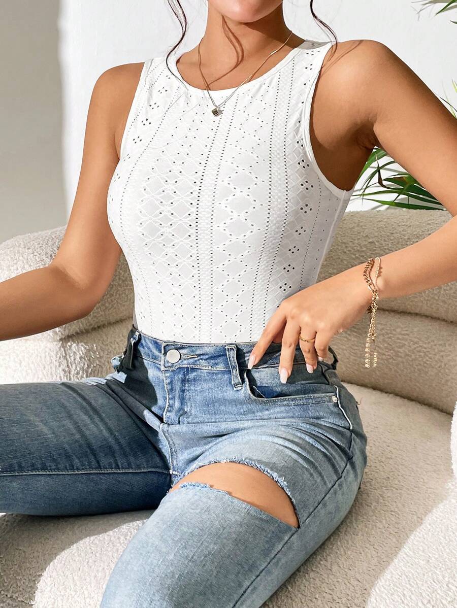 SHEIN PETITE Solid Eyelet Embroidery Tank Bodysuit - White - View 1